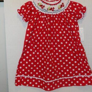 Marmellata Girls 4T Red White Polka Dot Smocked Bishop Dress Embroidered Lobster
